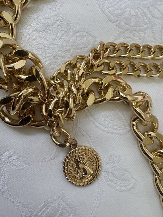 Belt Long Rope Link Chain Shiny Goldtone Adjustable 3 Layer Women\'s Y2K 33\
